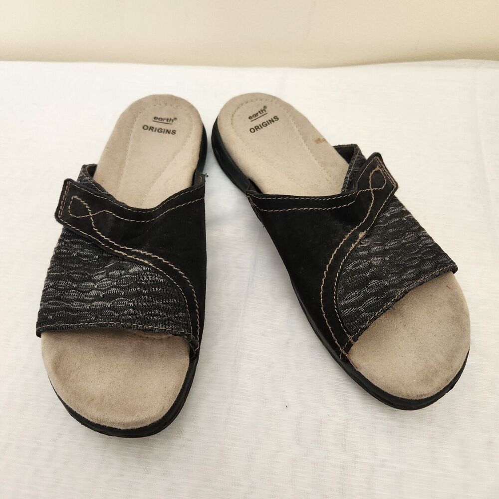 Earth Origins Sandals Women's 9W Black Suede & Fabric Slide Comfort Casual Chic